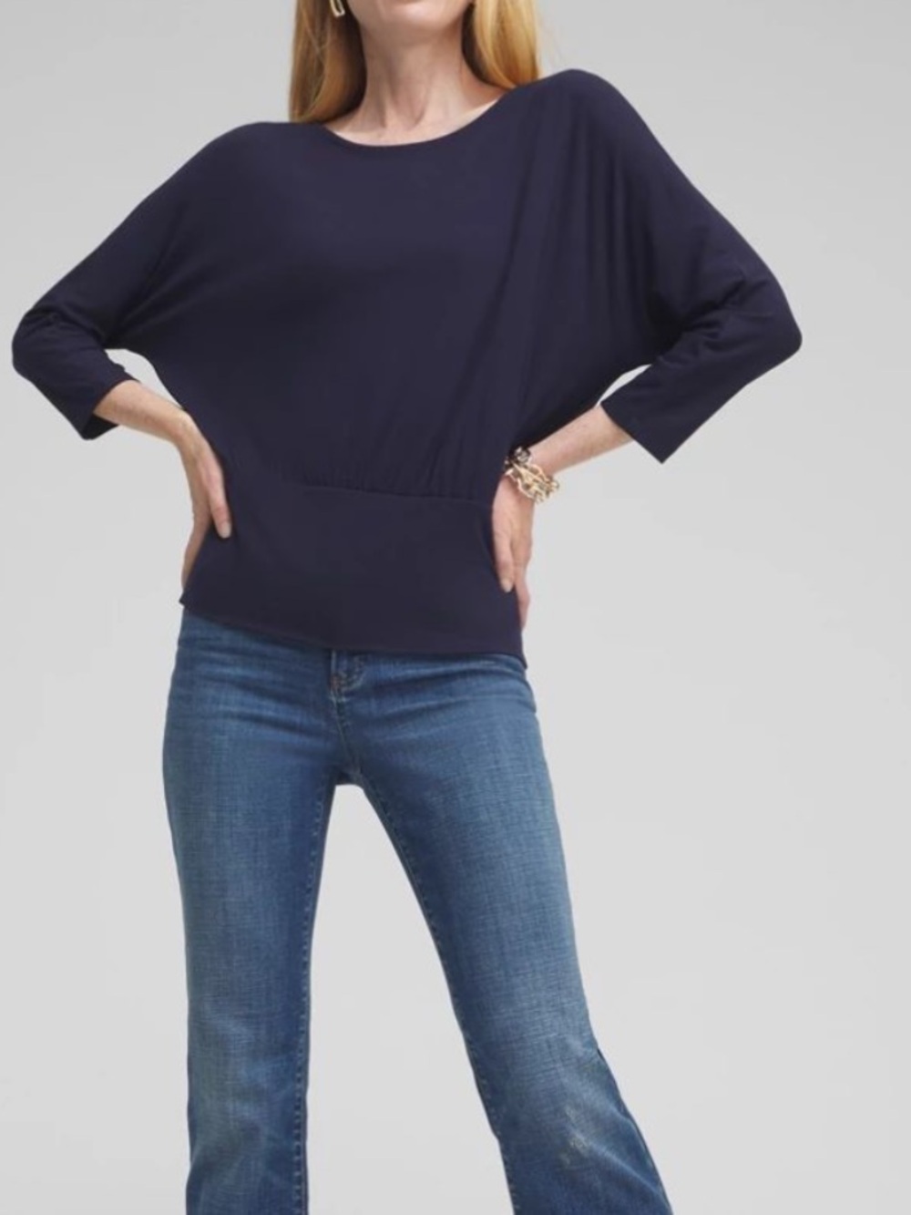 New Chico's Touch Of Cool Navy Banded Bottom Dolman-Sleeve Pullover Top XXL